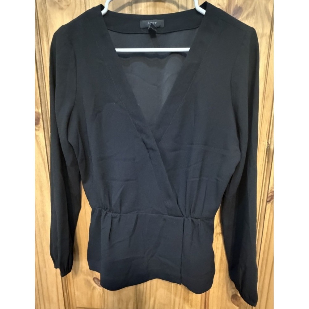 J.Crew Black Wrap Blouse Size 4 Peplum V Neck Long Sleeve Classic Minimalist